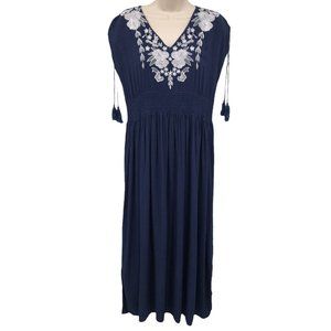 Anandas Women's Blue Floral V Neck Embroidered Casual Pullover Sun Dress Size S